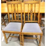 Set of six upholstered oak dining chairs with twist supports. Not available for in-house P&P,