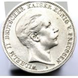 1909 - Kaiser Wilhelm II - Silver 3 Marks - Prussia. P&P Group 1 (£14+VAT for the first lot and £1+
