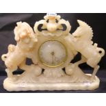 Carved alabaster royal crest mantel clock with gilt bezel English balance escapement C1920s 44 x