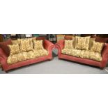 Pair of leather and upholstered sofas by J Webster & Sons, L: 200 cm. Not available for in-house P&