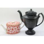 Jackfield ware lidded coffee pot and a Royal Crown Derby Wilmot pattern teapot. P&P Group 3 (£25+VAT