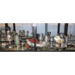 Collection of mixed metalware predominantly silver plate including candlesticks, coffee pot etc. Not