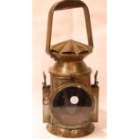 Copper railway warning lamp with red lens, H: 33 cm. P&P Group 3 (£25+VAT for the first lot and £5+