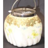 Doulton Burslem biscuit barrel with silver plated cover and swing handle, H: 18 cm. P&P Group 3 (£