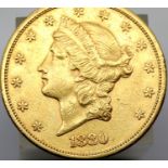 American 1880 Gold San Francisco mint 20 Dollar coin with fine definition. P&P Group 2 (£18+VAT