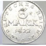 1922 - German Reich 3 marks and Eagle. P&P Group 1 (£14+VAT for the first lot and £1+VAT for