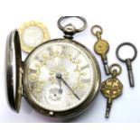 Hallmarked silver pocket watch, London assay with ornate silver dial and vintage watch keys, not