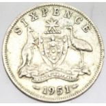 1951 - Australian Silver Sixpence. P&P Group 1 (£14+VAT for the first lot and £1+VAT for
