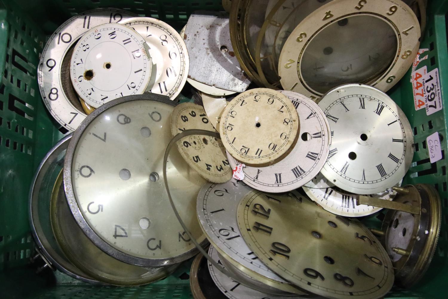 Box of clock faces, bezels, chapter rings etc. P&P Group 3 (£25+VAT for the first lot and £5+VAT for