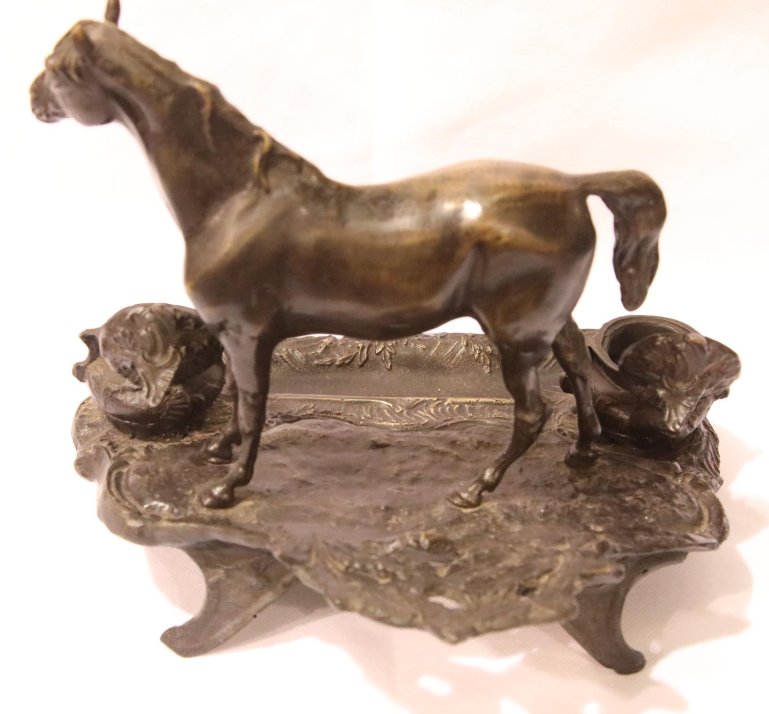 Bronze horse mounted pen stand with inkwells, L: 25 cm. P&P Group 3 (£25+VAT for the first lot - Image 2 of 3