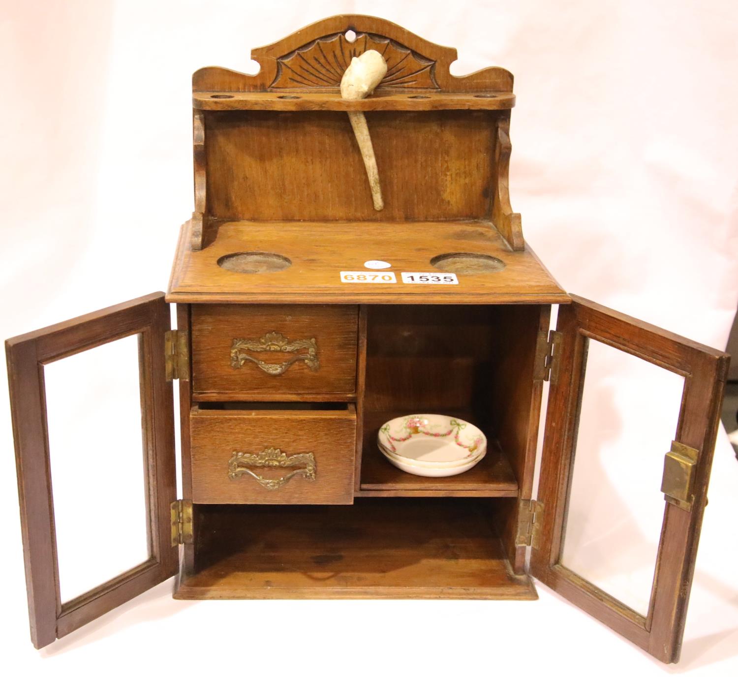 Oak smokers cabinet, key in top drawer, H: 42 cm. Not available for in-house P&P, contact Paul O'Hea - Image 2 of 3