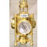 Brass lantern type three way clock barometer, H: 25 cm. Not available for in-house P&P, contact Paul