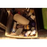 Box of mixed garage and workshop consumables, aerosols etc. Not available for in-house P&P,