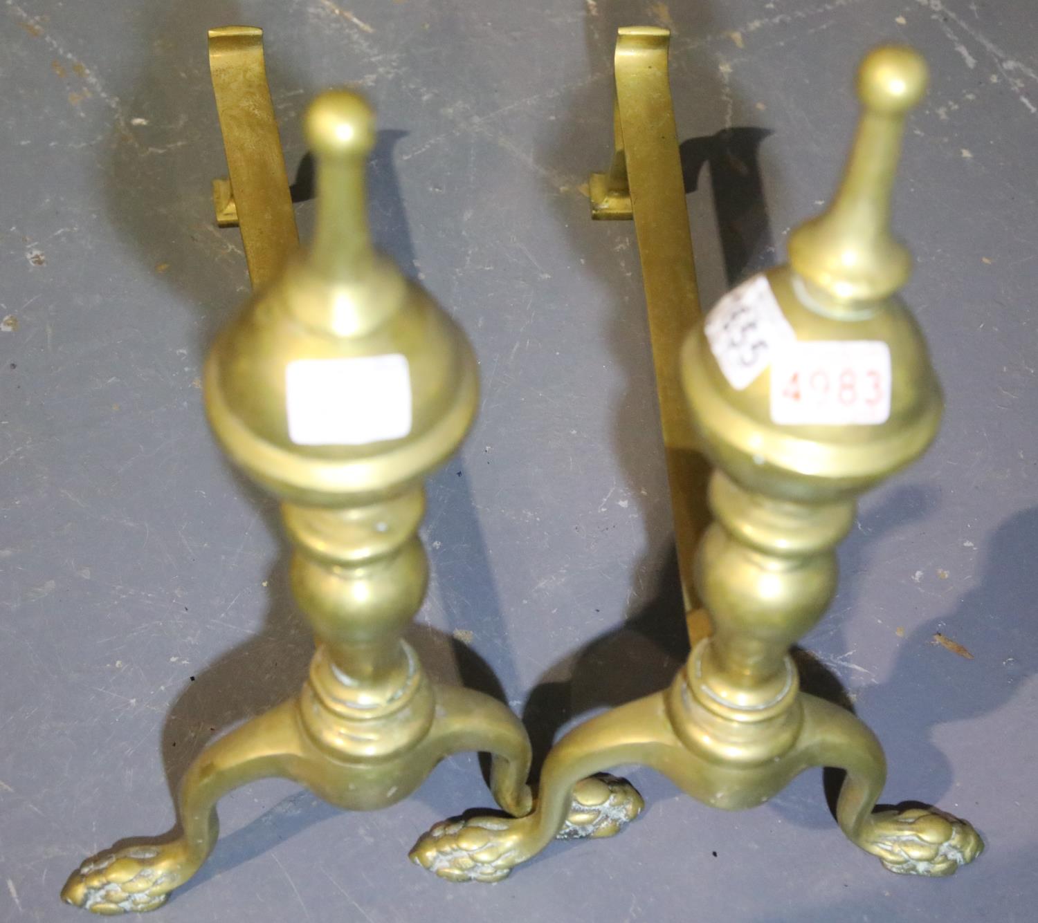 Pair of large antique brass fire dogs. P&P Group 3 (£25+VAT for the first lot and £5+VAT for