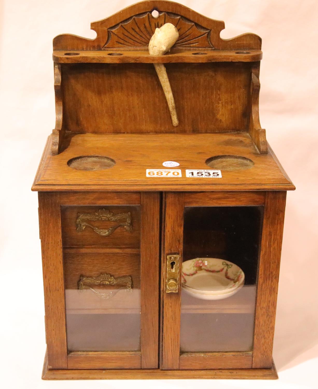 Oak smokers cabinet, key in top drawer, H: 42 cm. Not available for in-house P&P, contact Paul O'Hea