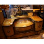 Vintage bow front dressing table with unusual mechanical clock in the mirror, L: 130 cm. Not