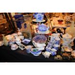Collection of mixed ceramics, mainly blue and white, patterned teapots etc. Not available for in-
