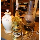 Five table lamps including two brass examples. Not available for in-house P&P, contact Paul O'Hea at