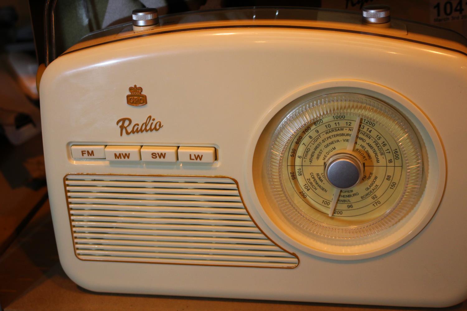 Cream GPO Rydell retro portable four band analogue radio, MW/LW/SW/FM, with retro dial face;