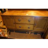 Vintage oak sideboard with two central drawers and end cupboards, L: 140 cm. Not available for in-