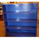 A large blue painted open bookshelf, 139 x 132 cm. Not available for in-house P&P, contact Paul O'