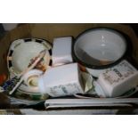Box of decorative patterned ceramics including Wedgwood, storage jars etc. Not available for in-