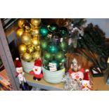 Shelf of mixed Christmas decorations including baubles. Not available for in-house P&P, contact Paul
