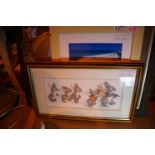 Selection of framed and glazed prints and a vintage small wall mirror. Not available for in-house