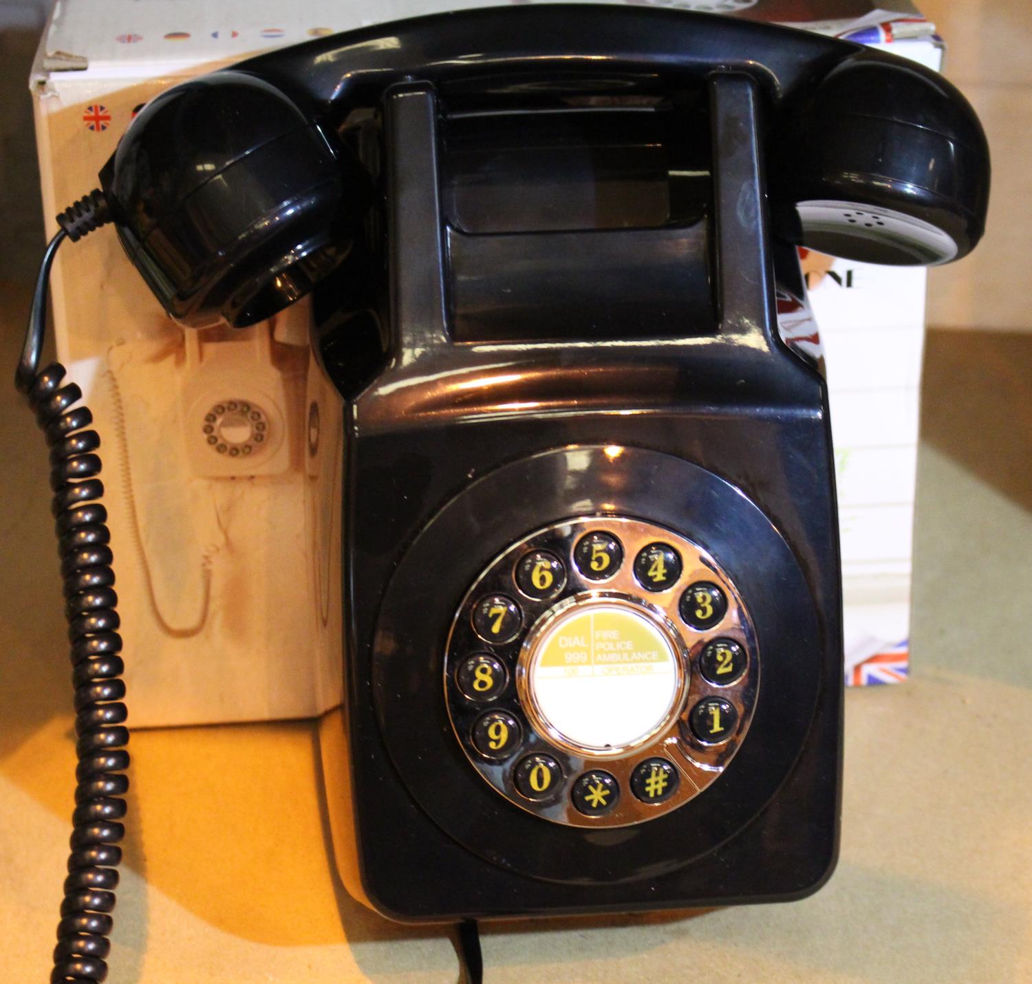 Wall mounted, Black GPO746 Retro push button telephone replica of the 1970s GPO746 classic,
