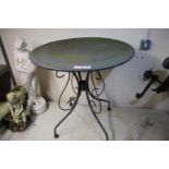 Wrought iron garden table, H: 72 cm, D: 66 cm. Not available for in-house P&P, contact Paul