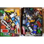 Two boxes of mixed playworn cars. Not available for in-house P&P, contact Paul O'Hea at Mailboxes on
