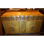 Golden oak vintage sideboard with three drawers over two cupboards, L: 135 cm. Not available for