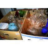Two boxes of glassware including lead crystal and coloured glass. Not available for in-house P&P,