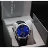 New boxed Anthony James wristwatch with black leather strap and blue dial. P&P Group 1 (£14+VAT