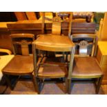 Four 1940s oak and faux leather carved dining chairs. Not available for in-house P&P, contact Paul