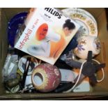 Box of mixed items including Aynsley commemorative dishes, heat lamp, fan etc. Not available for