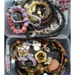 Two boxes of unsorted costume and fashion jewellery. P&P Group 1 (£14+VAT for the first lot and £1+