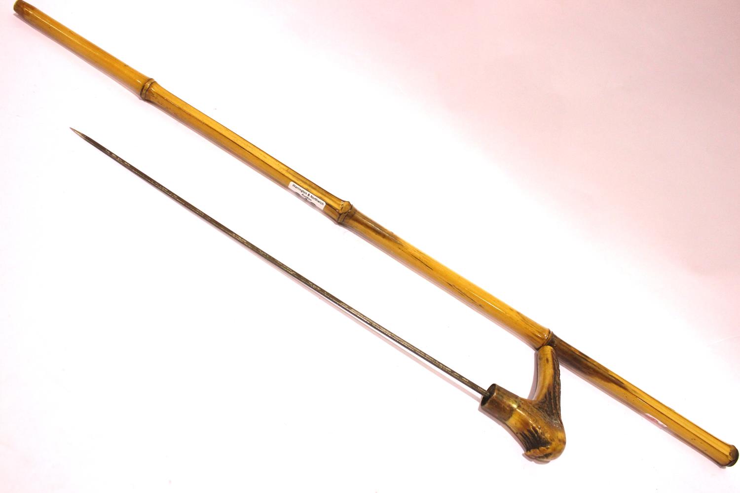 Antler handled antique bamboo sword stick, blade L: 40 cm, overall L: 88 cm. P&P Group 2 (£18+VAT