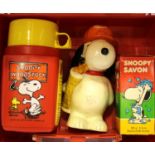 Vintage Snoopy and Woodstock child's lunch box with contents of money box, thermos flask and