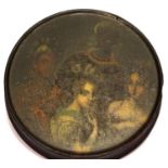 French 19th century paper mache shallow circular covered box, titled The Four Parts of the World,