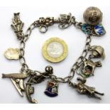 925 Silver charm bracelet with 16 charms, L: 19 cm, 49g. P&P Group 1 (£14+VAT for the first lot