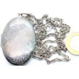 Large silver locket on a white metal chain, locket H: 48 mm. P&P Group 1 (£14+VAT for the first