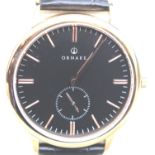 New boxed Ornake gents wristwatch, gold plated case with black dial, with Japanese Miyoto