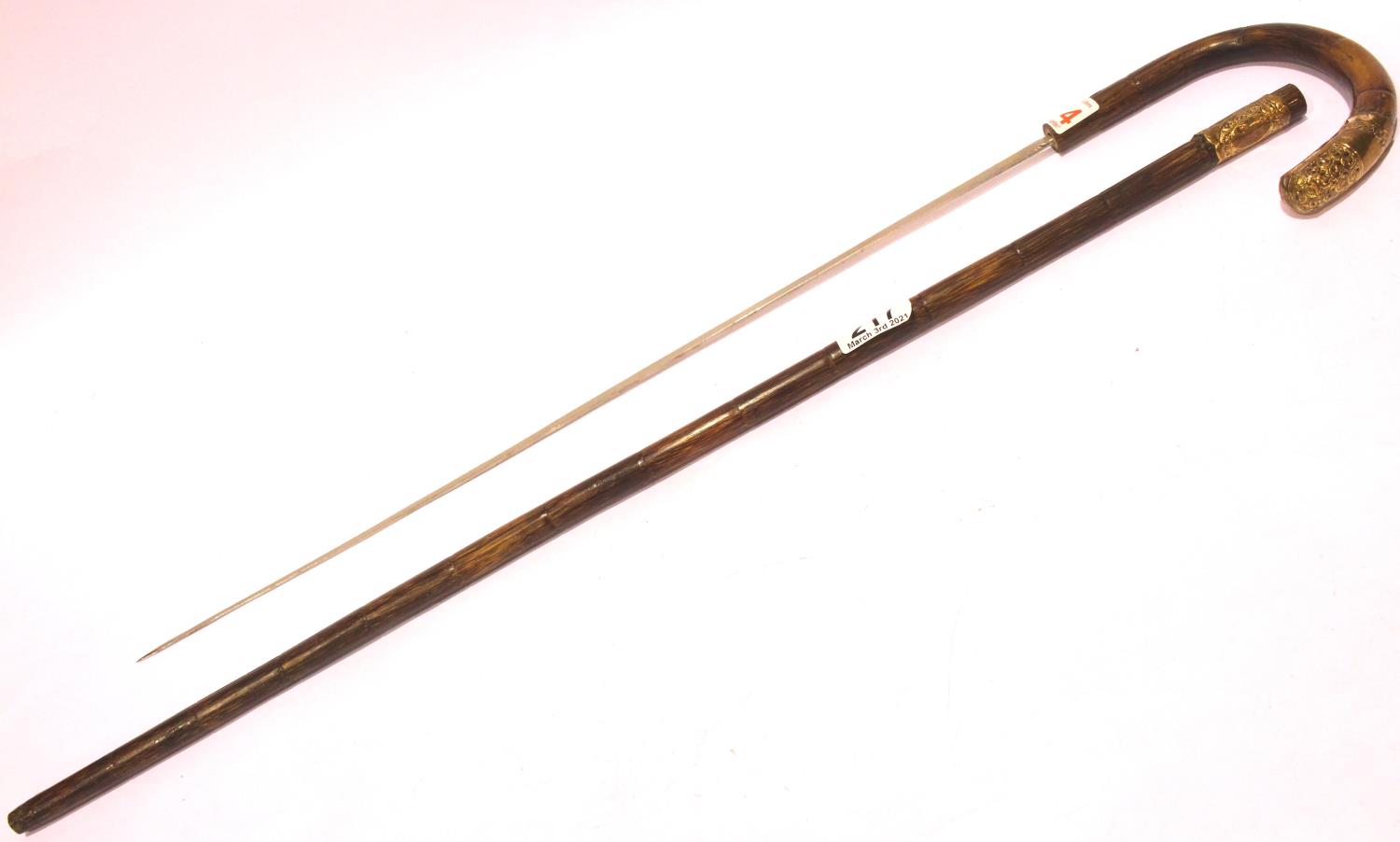 Yellow metal mounted antique bamboo sword stick, blade L: 55 cm, overall L: 85 cm. P&P Group 2 (£