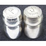 Pair of white metal cruets from a Bentley Hamper, H: 6 cm. P&P Group 1 (£14+VAT for the first lot