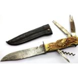 Decora German multi blade hunting knife by DBGM with sheath. Blade 11 cm. P&P Group 1 (£14+VAT for