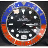 Dealers point of sale wall clock with Pepsi bezel, GMT master dial and sweeping second hand. P&P