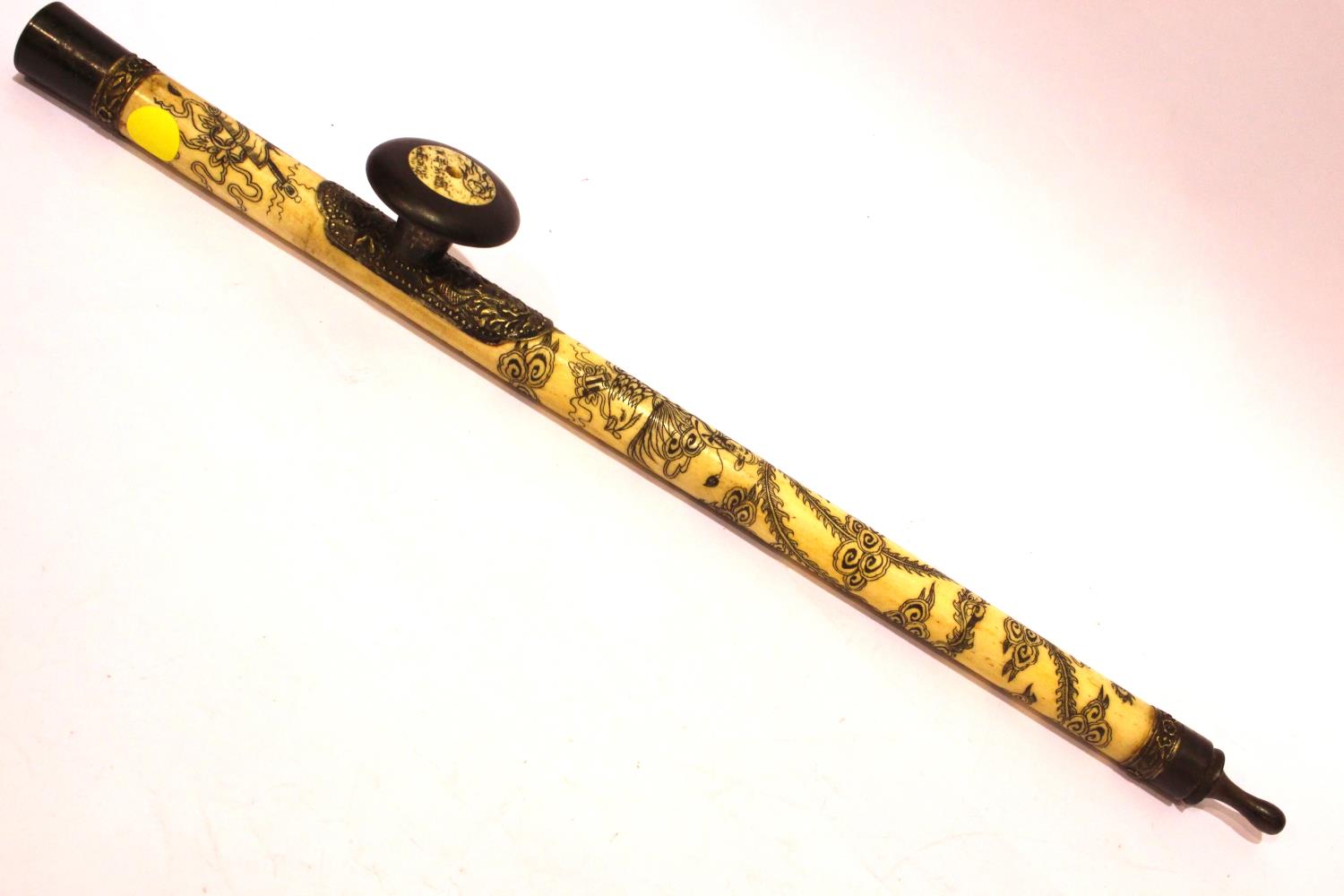 Decorated bone white metal mounted Chinese opium pipe. L: 49 cm. P&P Group 1 (£14+VAT for the - Image 2 of 3