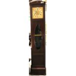 Early 20th century brass faced chiming oak cased longcase clock, working at time of lotting, H: