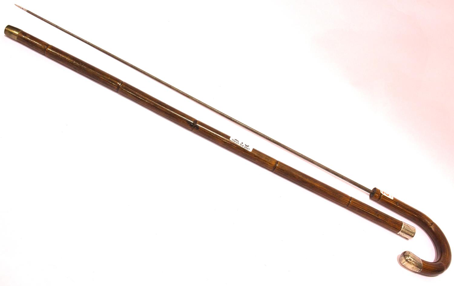 Hallmarked silver mounted antique bamboo sword stick with brass ferrule, blade L: 67 cm, overall